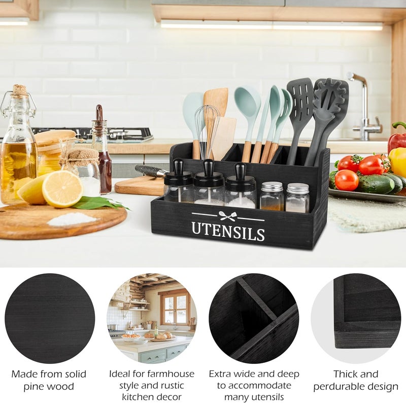 RedCall Extra Large Kitchen Utensils Holder 4 Compartments,Wood Utensil Organizer for Kitchen Countertop,Farmhouse Cooking Utensil Holder with Spice Storage space (Black) - Image 3